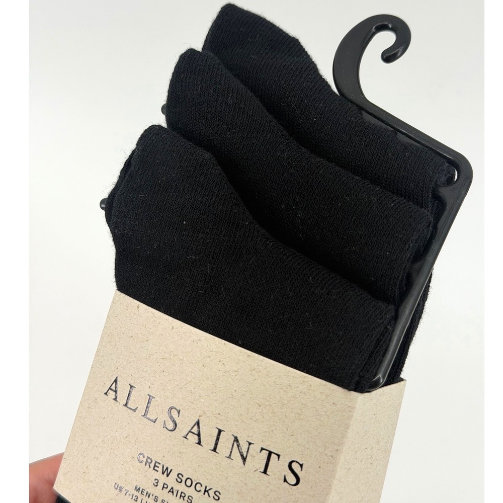 AllSaints Mens 3 Pack Crew Socks Black Cotton Blend Logo Shoe Size 7-13 NEW